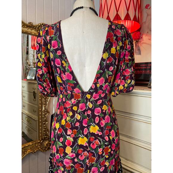 vintage style silk floral maxi dress backless puff sleeves med polka dot trim - Picture 8 of 11
